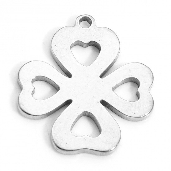 Picture of 10 PCs 304 Stainless Steel Charms Silver Tone Leaf Clover 16mm x 14mm