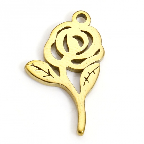 Picture of 10 PCs 304 Stainless Steel Charms Gold Plated Rose Flower 17mm x 9mm