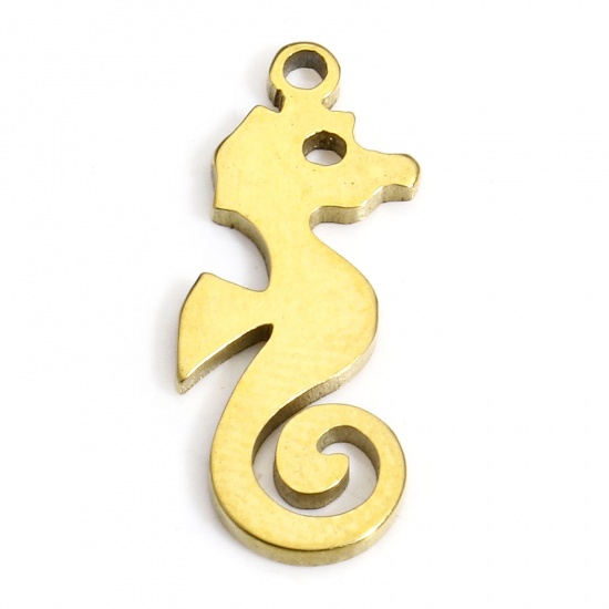 Picture of 10 PCs 304 Stainless Steel Ocean Jewelry Charms Gold Plated Seahorse Animal 17mm x 7mm