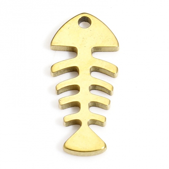Picture of 10 PCs 304 Stainless Steel Ocean Jewelry Charms Gold Plated Fish Bone 15.5mm x 7mm