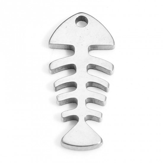 Picture of 10 PCs 304 Stainless Steel Ocean Jewelry Charms Silver Tone Fish Bone 15.5mm x 7mm
