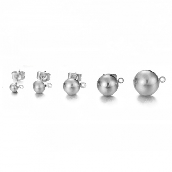 Picture of 20 PCs 304 Stainless Steel Ear Post Stud Earring With Loop Connector Accessories Hemispherical Silver Tone 7mm x 4mm, Post/ Wire Size: (21 gauge)