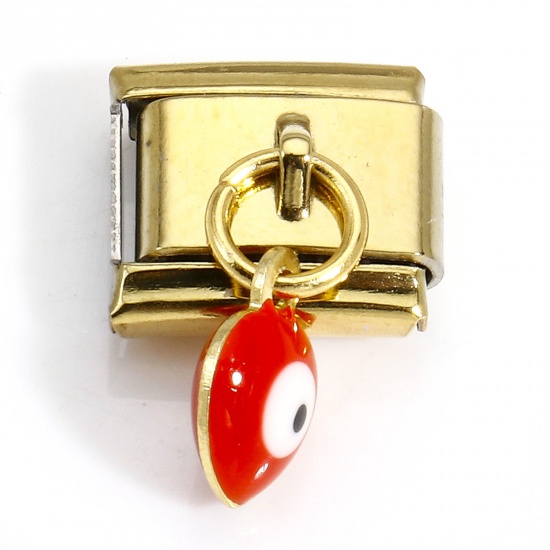 Picture of 1 Piece 304 Stainless Steel Italian Charm Links For DIY Bracelet Jewelry Making Gold Plated Red Rectangle Evil Eye Double-sided Enamel 10mm x 9mm