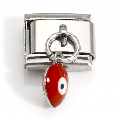 Picture of 1 Piece 304 Stainless Steel Italian Charm Links For DIY Bracelet Jewelry Making Silver Tone Red Rectangle Evil Eye Double-sided Enamel 10mm x 9mm