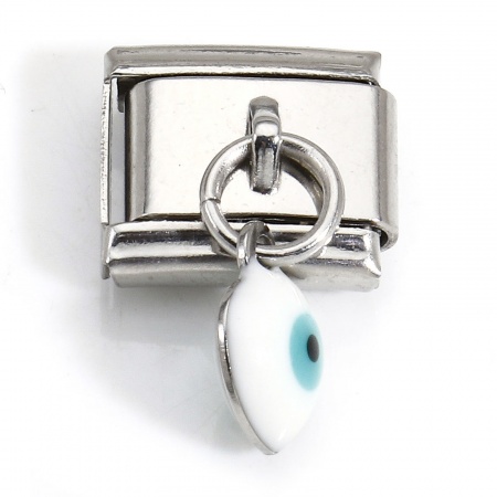 Picture of 1 Piece 304 Stainless Steel Italian Charm Links For DIY Bracelet Jewelry Making Silver Tone White Rectangle Evil Eye Double-sided Enamel 10mm x 9mm