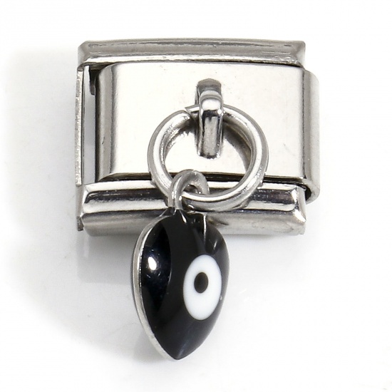 Picture of 1 Piece 304 Stainless Steel Italian Charm Links For DIY Bracelet Jewelry Making Silver Tone Black Rectangle Evil Eye Double-sided Enamel 10mm x 9mm
