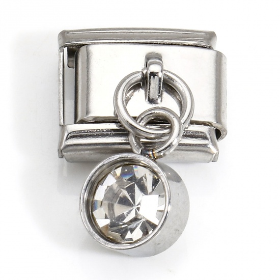 Bild von 1 Stück 304 Edelstahl Monatsstein Charm-Armband mit italienischen Gliedern zur Herstellung von DIY-Schmuck Silberfarbe Rechteck April Transparent Strass 10mm x 9mm