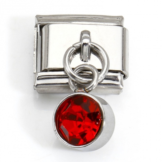 Bild von 1 Stück 304 Edelstahl Monatsstein Charm-Armband mit italienischen Gliedern zur Herstellung von DIY-Schmuck Silberfarbe Rechteck Juli Rot Strass 10mm x 9mm