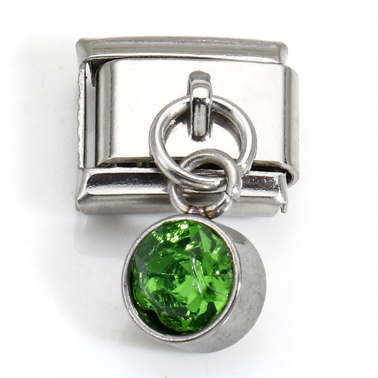 Bild von 1 Stück 304 Edelstahl Monatsstein Charm-Armband mit italienischen Gliedern zur Herstellung von DIY-Schmuck Silberfarbe Rechteck August Hellgrün Strass 10mm x 9mm