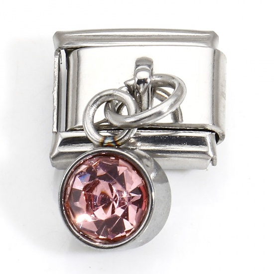 Bild von 1 Stück 304 Edelstahl Monatsstein Charm-Armband mit italienischen Gliedern zur Herstellung von DIY-Schmuck Silberfarbe Rechteck Oktober Rosa Strass 10mm x 9mm
