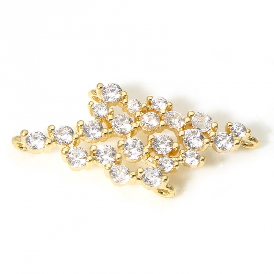 Picture of 1 Piece Brass Micro Pave Connectors Charms Pendants Rhombus 18K Real Gold Plated Clear Cubic Zirconia 24mm x 12mm
