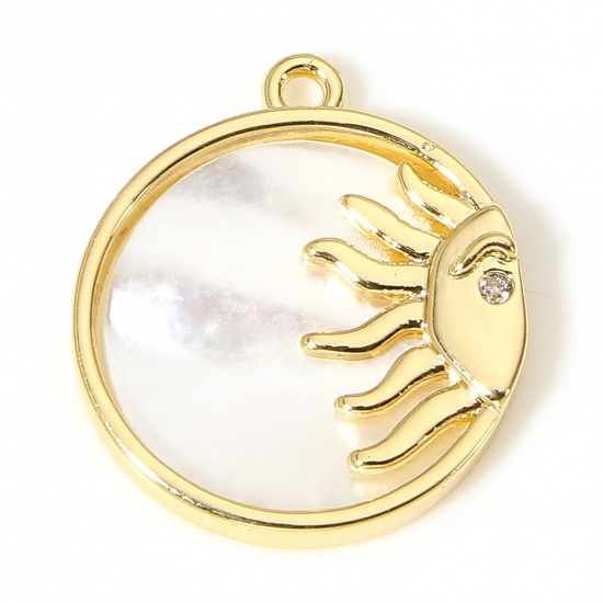 Picture of 1 Piece Shell & Brass Galaxy Charms 18K Real Gold Plated Round Sun Clear Cubic Zirconia 17mm x 15mm