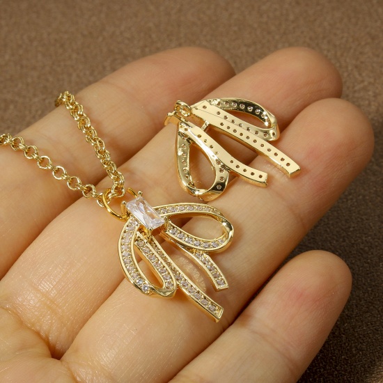 Picture of 1 Piece Brass Micro Pave Charms 18K Real Gold Plated Bowknot Clear Cubic Zirconia 23mm x 20mm