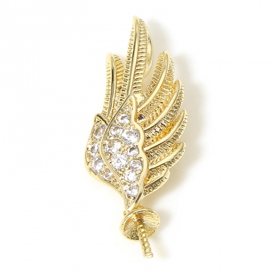 Picture of 1 Piece Brass Micro Pave Pearl Pendant Connector Bail Pin Cap 18K Real Gold Plated Wing Clear Cubic Zirconia 25mm x 9mm, Needle Thickness: 0.8mm