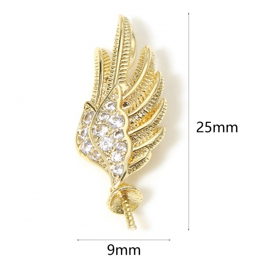 Picture of 1 Piece Brass Micro Pave Pearl Pendant Connector Bail Pin Cap 18K Real Gold Plated Wing Clear Cubic Zirconia 25mm x 9mm, Needle Thickness: 0.8mm