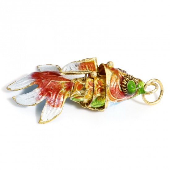 Picture of 1 Piece Brass 3D Pendants Gold Plated Red Enamel Fish Animal Movable 4.5cm x 2cm