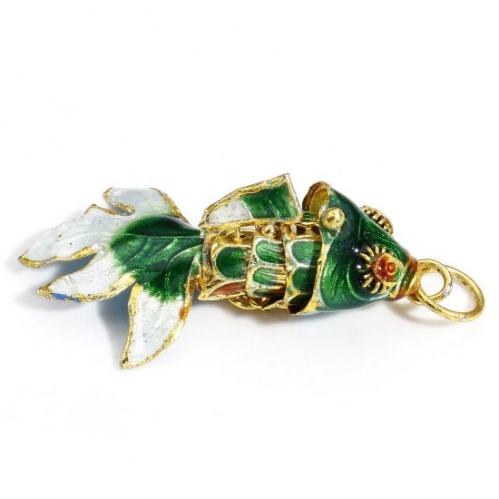 Picture of 1 Piece Brass Ocean Jewelry Pendants Gold Plated Green Fish Animal Enamel 3D 4.5cm x 2cm                                                                                                                                                                      