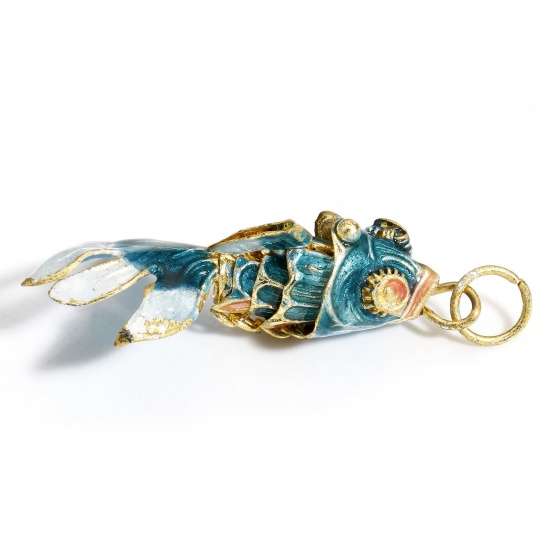 Picture of 1 Piece Brass Ocean Jewelry Pendants Gold Plated Light Blue Fish Animal Enamel 3D 4.5cm x 2cm                                                                                                                                                                 