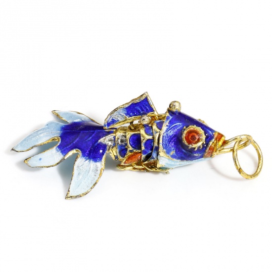 Picture of 1 Piece Brass 3D Pendants Gold Plated Blue Enamel Fish Animal Movable 4.5cm x 2cm