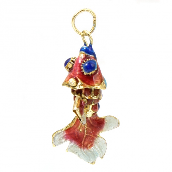 Picture of 1 Piece Brass Ocean Jewelry Pendants Gold Plated Dark Pink Fish Animal Enamel 3D 4.5cm x 2cm                                                                                                                                                                  