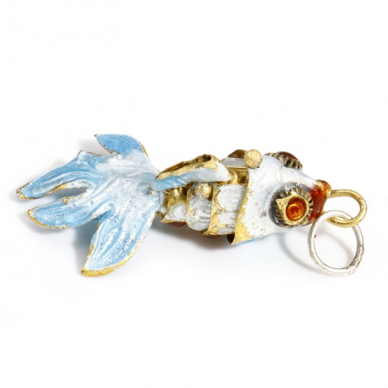 Picture of 1 Piece Brass Ocean Jewelry Pendants Gold Plated White Fish Animal Enamel 3D 4.5cm x 2cm                                                                                                                                                                      