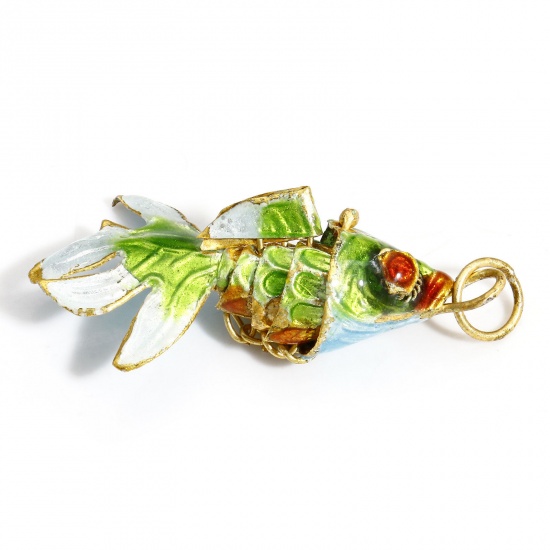 Picture of 1 Piece Brass 3D Pendants Gold Plated Light Green Enamel Fish Animal Movable 4.5cm x 2cm