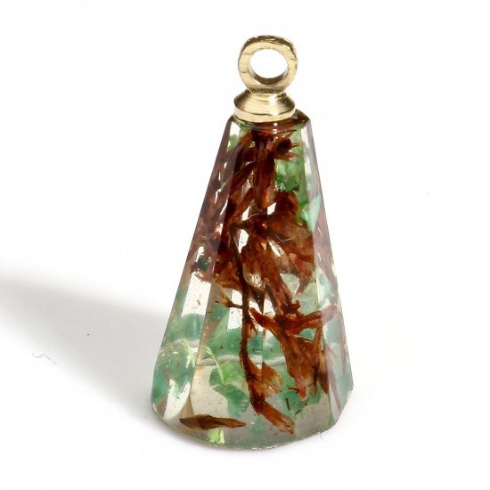 Изображение 2 PCs Resin & Real Dried Flower Handmade Resin Jewelry Real Flower Charms Cone Gold Plated Green 17mm x 9mm