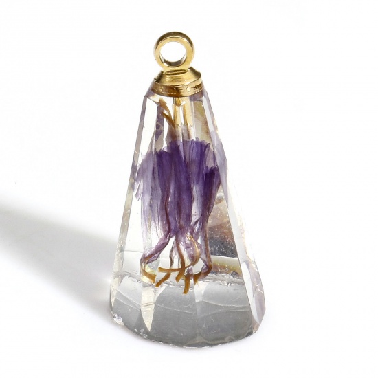 Изображение 2 PCs Resin & Real Dried Flower Handmade Resin Jewelry Real Flower Charms Cone Gold Plated Purple 17mm x 9mm
