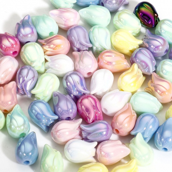 20 PCs Acrylic Flora Collection Beads For DIY Charm Jewelry Making At Random Mixed Color AB Rainbow Color Tulip Flower About 16mm x 12mm, Hole: Approx 2.6mm の画像