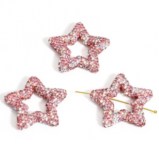 Picture of 1 Piece Polymer Clay & Rhinestone Galaxy Beads For DIY Charm Jewelry Making Pentagram Star Pink About 3.4cm x 3.3cm, Hole: Approx 1mm