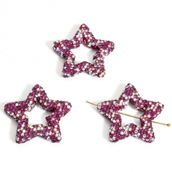 Picture of 1 Piece Polymer Clay & Rhinestone Galaxy Beads For DIY Charm Jewelry Making Pentagram Star Purple About 3.4cm x 3.3cm, Hole: Approx 1mm