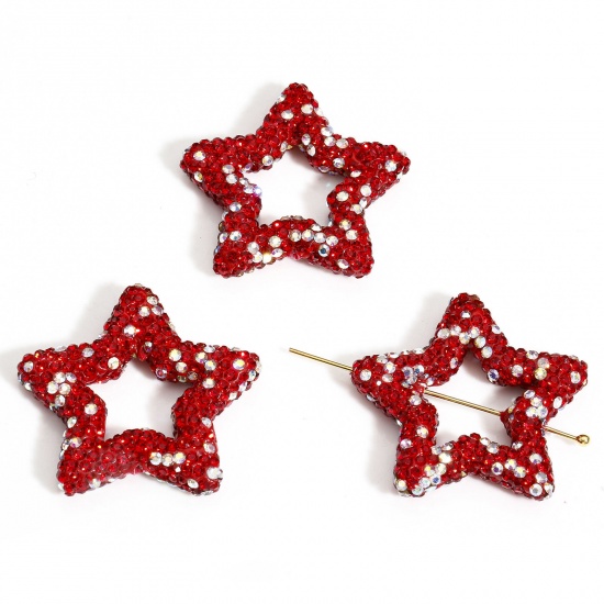 Picture of 1 Piece Polymer Clay & Rhinestone Galaxy Beads For DIY Charm Jewelry Making Pentagram Star Red About 3.4cm x 3.3cm, Hole: Approx 1mm