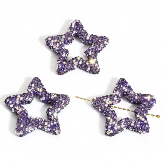 Picture of 1 Piece Polymer Clay & Rhinestone Galaxy Beads For DIY Charm Jewelry Making Pentagram Star Mauve About 3.4cm x 3.3cm, Hole: Approx 1mm