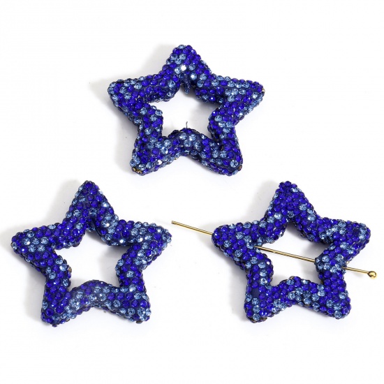 Picture of 1 Piece Polymer Clay & Rhinestone Galaxy Beads For DIY Charm Jewelry Making Pentagram Star Royal Blue About 3.4cm x 3.3cm, Hole: Approx 1mm