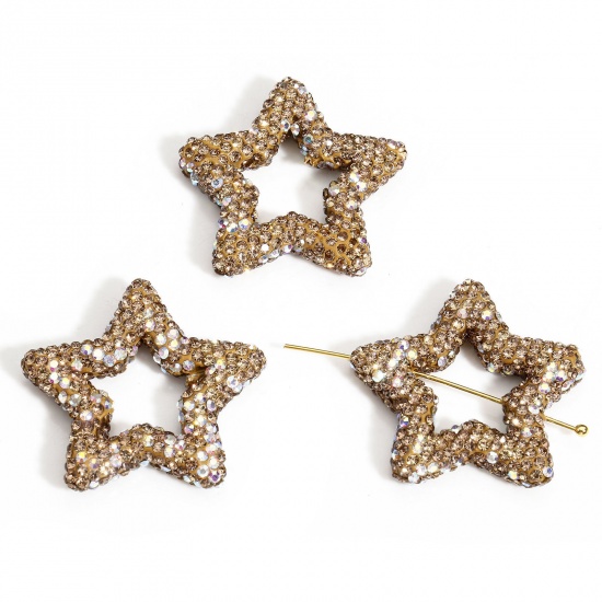 Picture of 1 Piece Polymer Clay & Rhinestone Galaxy Beads For DIY Charm Jewelry Making Pentagram Star Champagne About 3.4cm x 3.3cm, Hole: Approx 1mm