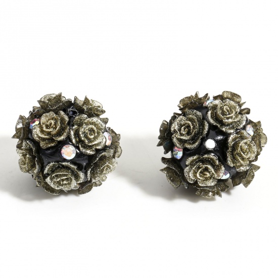 Picture of 2 PCs Polymer Clay Beads For DIY Charm Jewelry Making Flower Olive Green AB Color Rhinestone About 20mm Dia, Hole: Approx 1.6mm