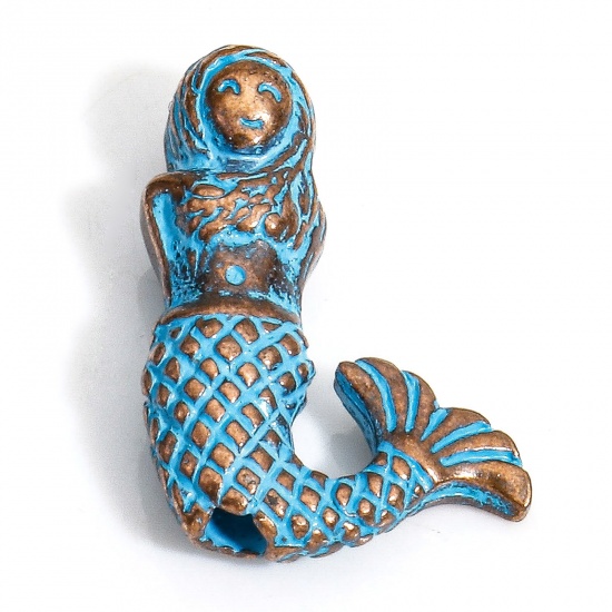Bild von 30 PCs Zinc Based Alloy Ocean Jewelry Spacer Beads For DIY Charm Jewelry Making Antique Copper Blue Mermaid Patina About 17mm x 12mm, Hole: Approx 1.4mm