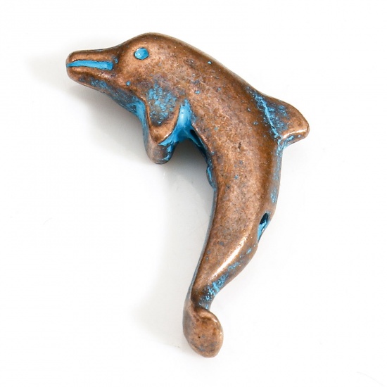 Imagen de 30 PCs Zinc Based Alloy Ocean Jewelry Spacer Beads For DIY Charm Jewelry Making Antique Copper Blue Dolphin Animal Patina About 19mm x 11mm, Hole: Approx 1mm
