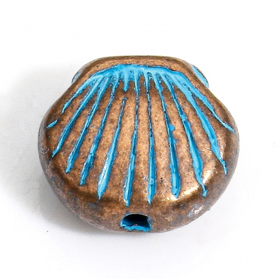 Bild von 30 Stück Zinklegierung Ozean Schmuck Zwischenperlen Spacer Perlen für die Herstellung von DIY-Charme-Schmuck Rotkupferfarbe Blau Muschel Patina ca. 9mm x 8mm, Loch:ca. 1.2mm