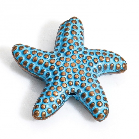 Bild von 30 Stück Zinklegierung Ozean Schmuck Zwischenperlen Spacer Perlen für die Herstellung von DIY-Charme-Schmuck Rotkupferfarbe Blau Seesterne Patina ca. 14mm x 13.5mm, Loch:ca. 1mm