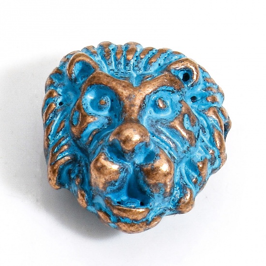 Bild von 30 Stück Zinklegierung Zwischenperlen Spacer Perlen für die Herstellung von DIY-Charme-Schmuck Rotkupferfarbe Blau Löwe Patina ca. 12.5mm x 11mm, Loch:ca. 1.2mm