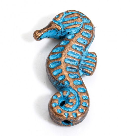 Imagen de 30 PCs Zinc Based Alloy Ocean Jewelry Spacer Beads For DIY Charm Jewelry Making Antique Copper Blue Seahorse Animal Patina About 20mm x 10mm, Hole: Approx 1mm