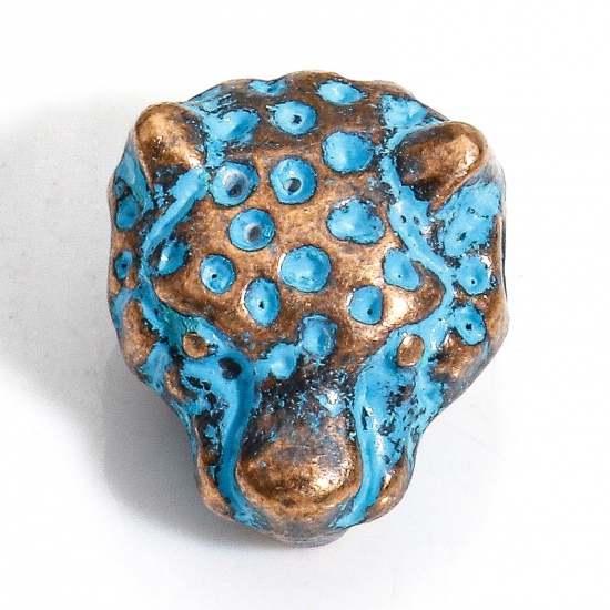Bild von 30 Stück Zinklegierung Zwischenperlen Spacer Perlen für die Herstellung von DIY-Charme-Schmuck Rotkupferfarbe Blau Leopard Patina ca. 13mm x 11mm, Loch:ca. 1.8mm