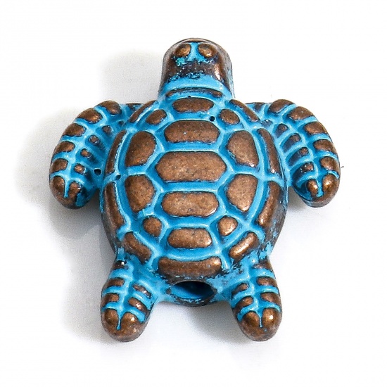 Picture of 30 PCs Zinc Based Alloy Ocean Jewelry Spacer Beads For DIY Charm Jewelry Making Antique Copper Blue Sea Turtle Animal Patina About 13mm x 12mm, Hole: Approx 1.2mm