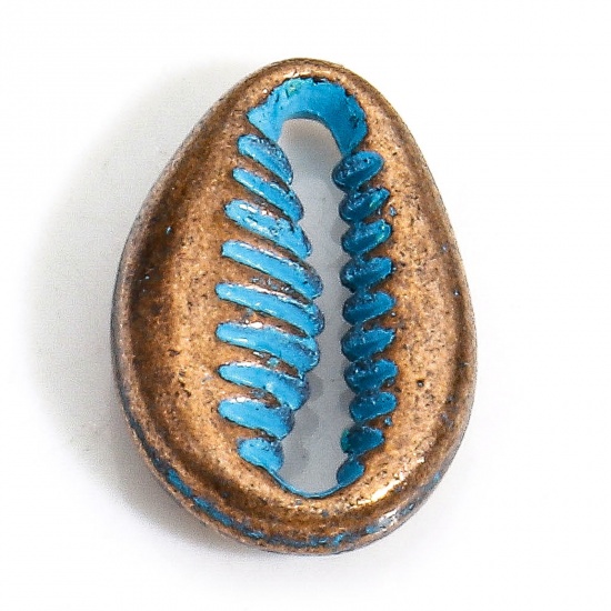 Bild von 30 Stück Zinklegierung Ozean Schmuck Zwischenperlen Spacer Perlen für die Herstellung von DIY-Charme-Schmuck Rotkupferfarbe Blau Strandschnecke Patina ca. 12mm x 8mm, Loch:ca. 1mm