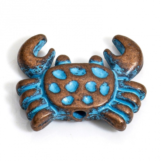 Picture of 30 PCs Zinc Based Alloy Ocean Jewelry Spacer Beads For DIY Charm Jewelry Making Antique Copper Blue Crab Animal Patina About 15mm x 13mm, Hole: Approx 1.2mm