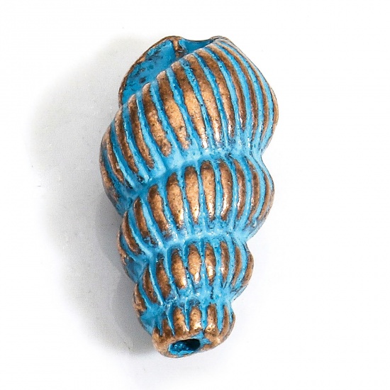Bild von 30 Stück Zinklegierung Ozean Schmuck Zwischenperlen Spacer Perlen für die Herstellung von DIY-Charme-Schmuck Rotkupferfarbe Blau Strandschnecke Patina ca. 15mm x 7mm, Loch:ca. 0.8mm
