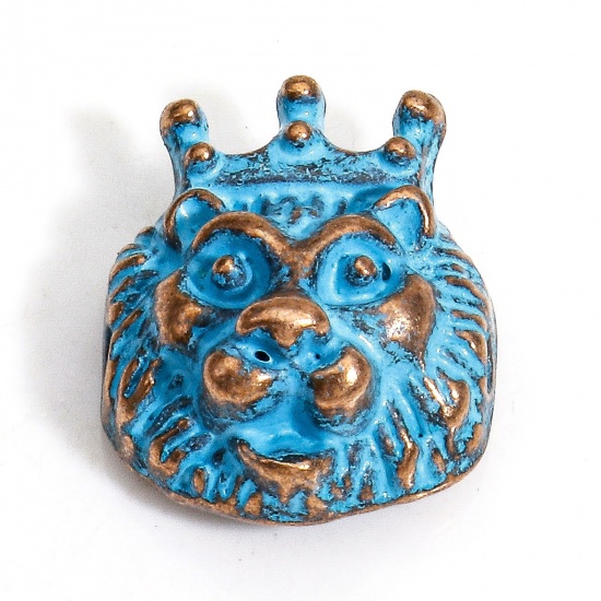 Imagen de 30 PCs Zinc Based Alloy Ocean Jewelry Spacer Beads For DIY Charm Jewelry Making Antique Copper Blue Lion Animal Patina About 14mm x 12mm, Hole: Approx 1.5mm