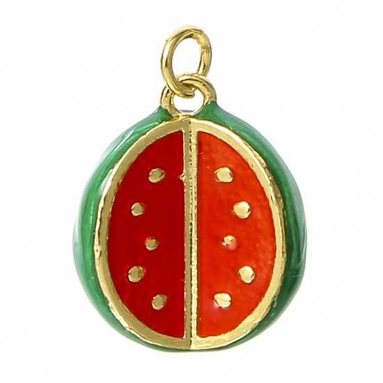 Bild von 1 Stück Messing Charms 18K Echtgold plattiert Rot & Grün Wassermelone Emaille 16mm x 13mm