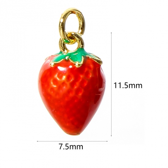 Picture of 1 Piece Brass Charms 18K Real Gold Plated Red Strawberry Fruit 3D Enamel 11.5mm x 7.5mm